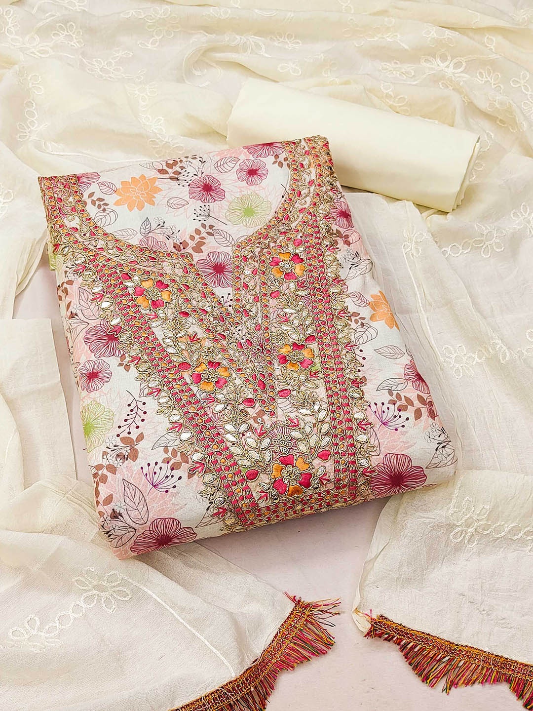 

SAINOOR Floral Printed Zari Work Unstitched Dress Material, Beige