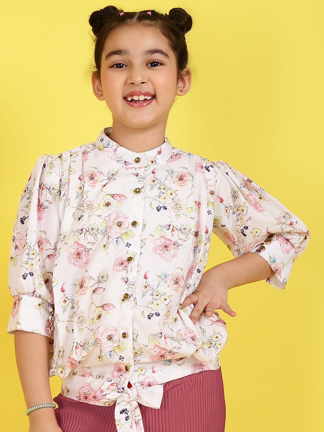 

Miss & Chief Floral Print Mandarin Collar Puff Sleeve Shirt Style Top, Multi