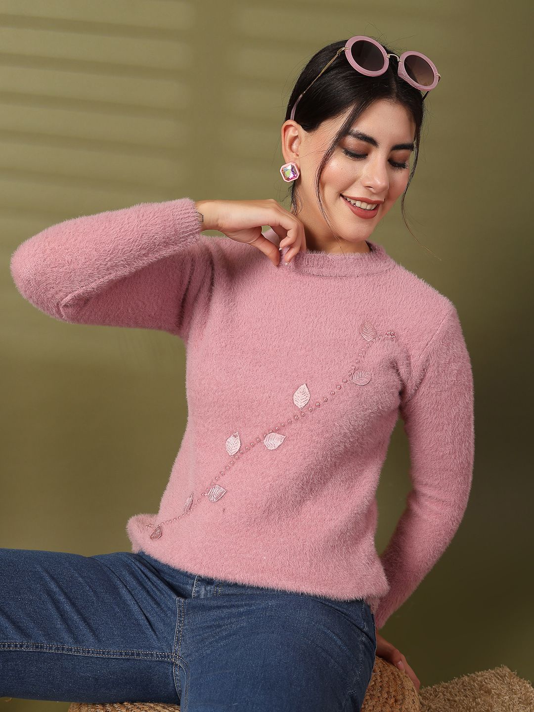 

all about you Embellished Halter Neck Woollen Top, Pink