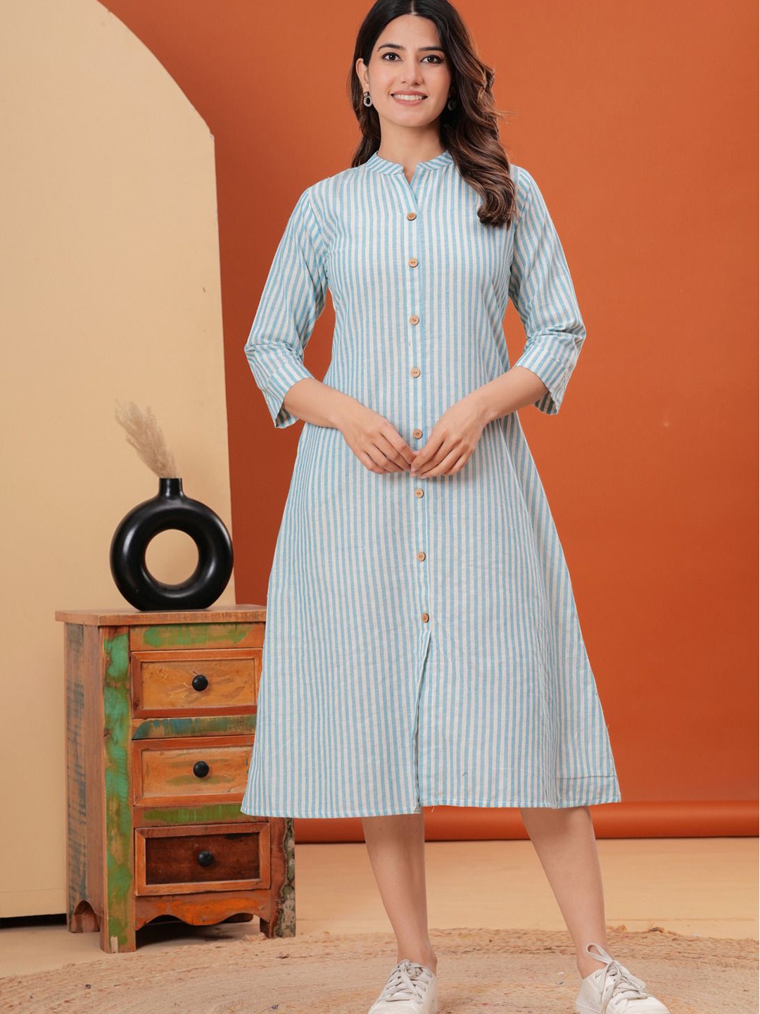 

Sarai Women Striped A-Line Fit & Flared Midi Cotton Dress, Blue