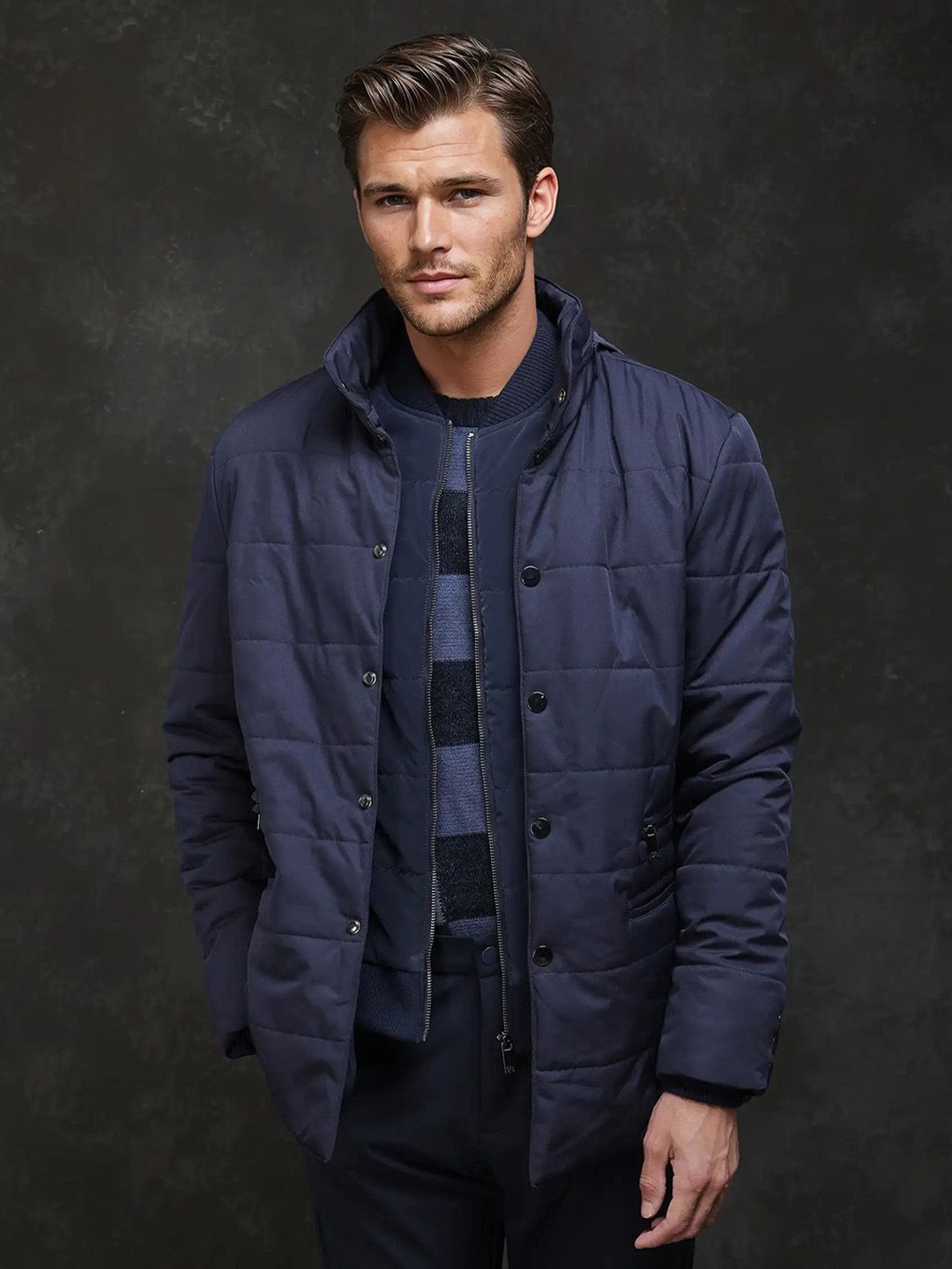 

RARE RABBIT Men Geometric Puffer Jacket, Navy blue