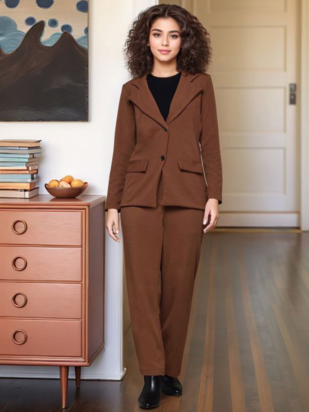 

DressBerry Notched Lapel Collar Blazer With Trousers, Coffee brown