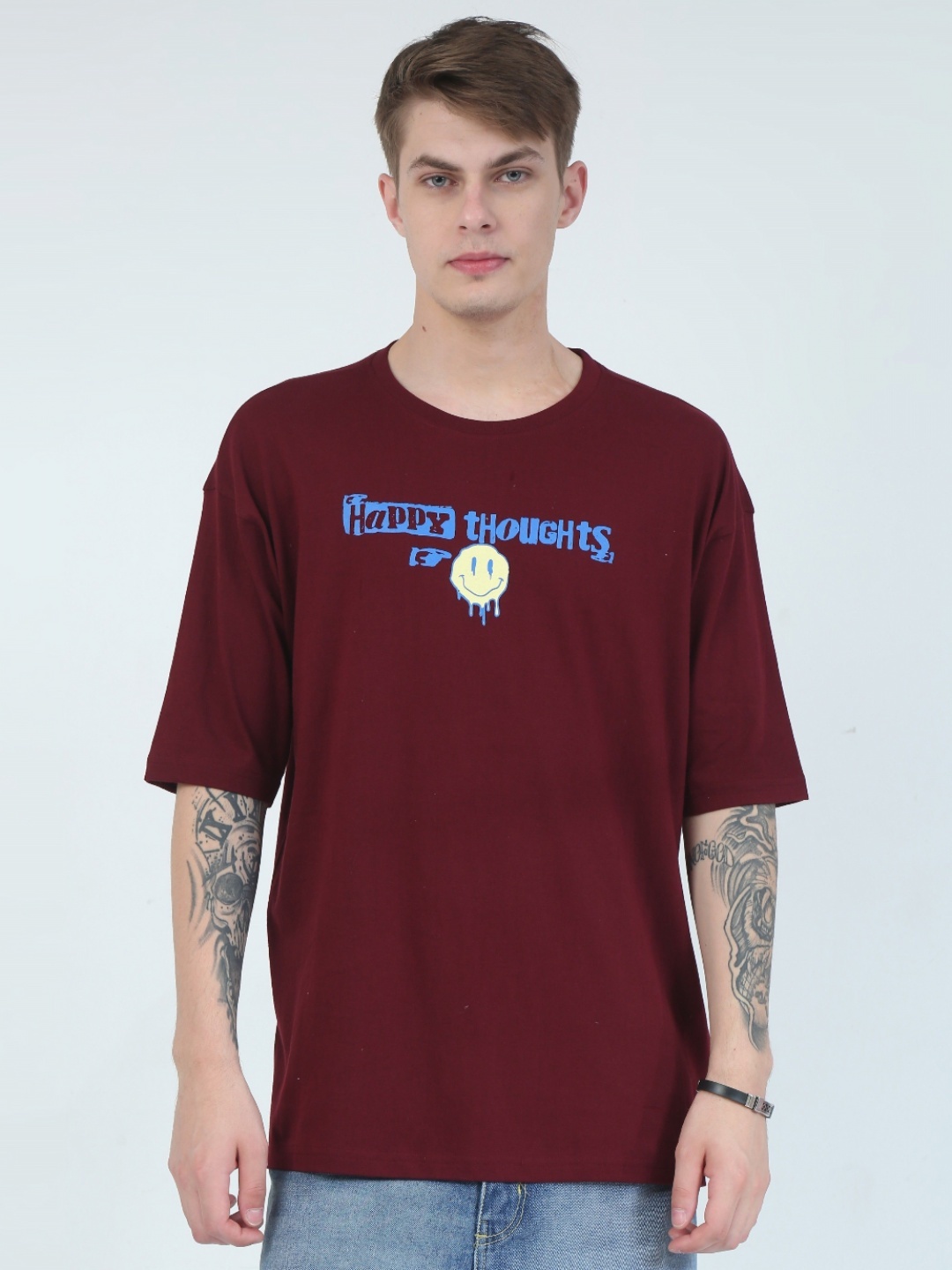 

QUCO Men Bio Finish Graphic Printed Round Neck Cotton Oversized T-shirt, Maroon