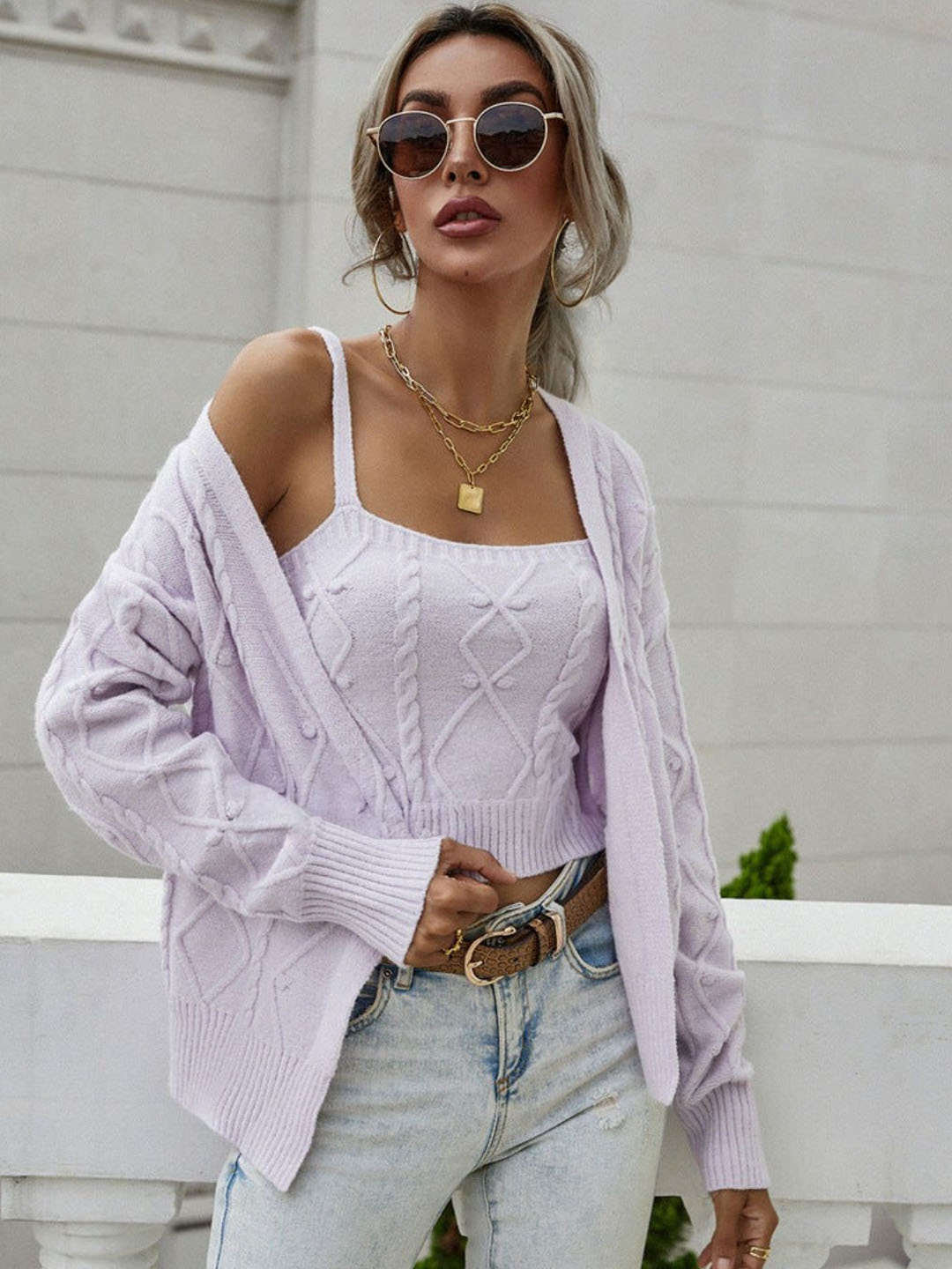 

Oh Rare Twisted Rope Knitted Acrylic Loose-Fit Cardigan With Crop Top, Lavender