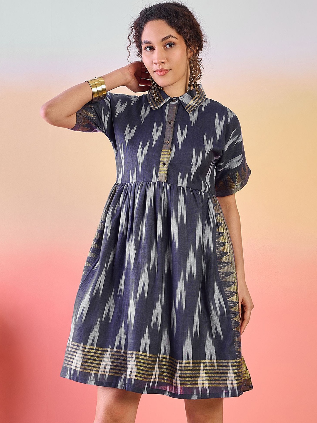 

Sangria Abstract Printed Shirt Collar Fit & Flare Dress, Navy blue