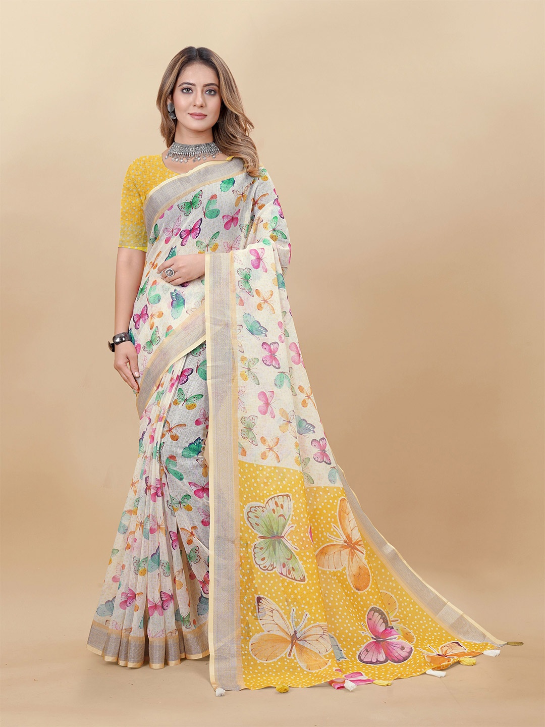 

Anouk Floral Linen Blend Saree, Beige