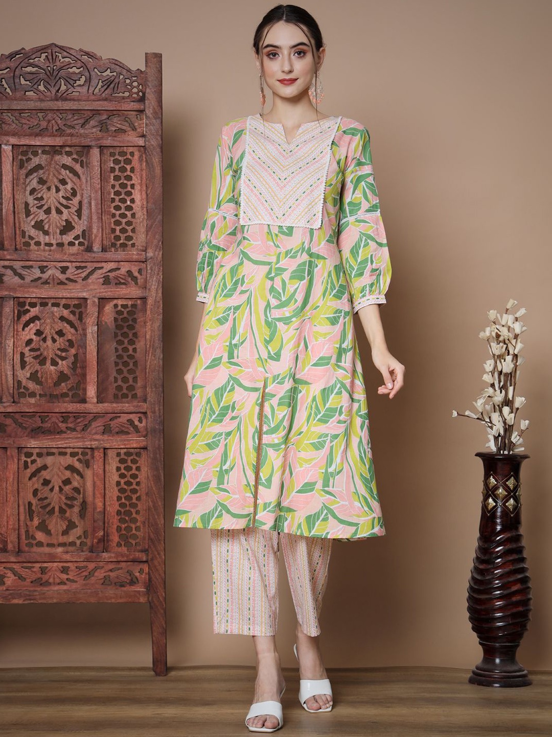 

KALINI Floral Printed Notch Neck Pure Cotton A-Line Kurta With Trousers, Pink
