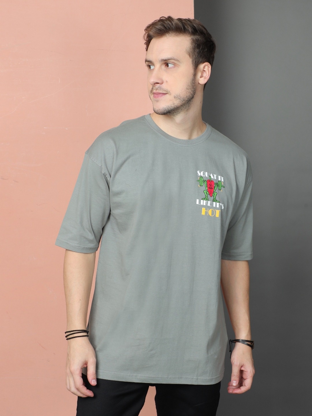 

QUCO Men Bio Finish Graphic Printed Round Neck Cotton Oversized T-shirt, Grey