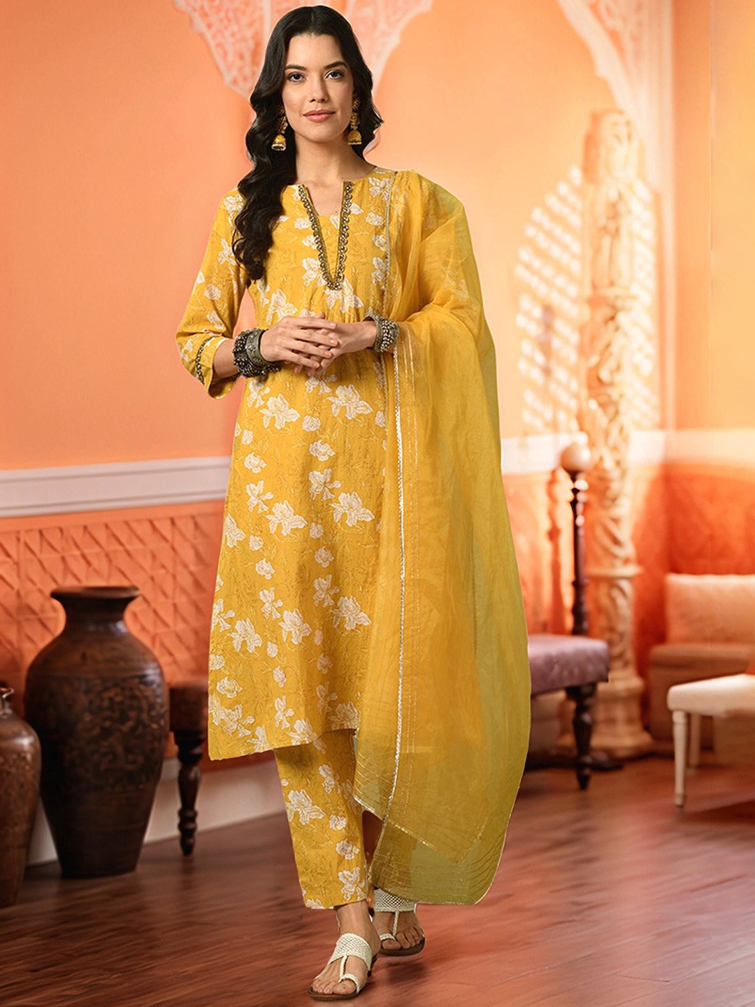 

KALINI Floral Printed Nocth Neck Pure Cotton Kurta With Trousers & Dupatta, White