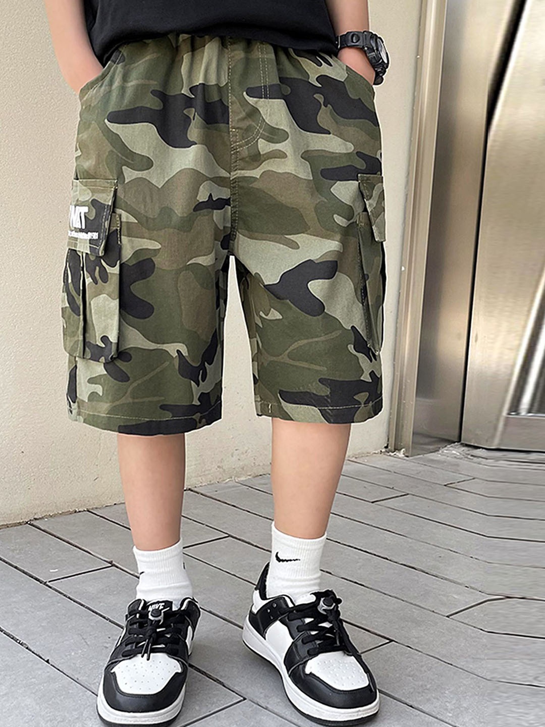 

LULU & SKY Boys Camouflage Printed Loose Fit Cargo Shorts, Green