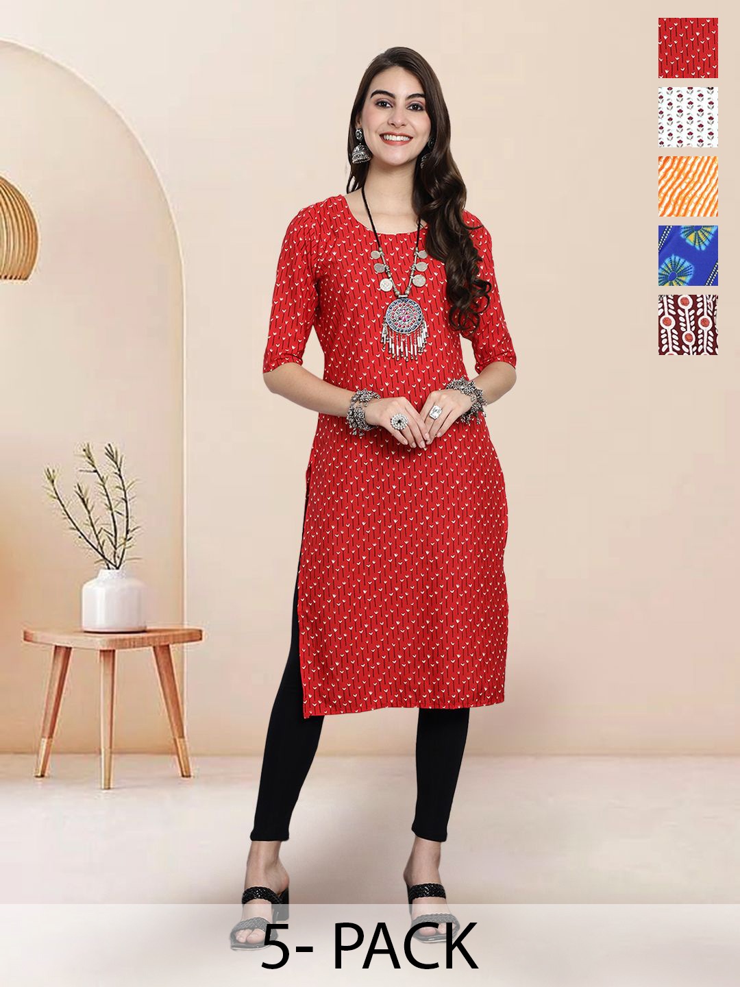 

7Threads Selection Of 5 Floral Printed Round-Neck Kurta, Red