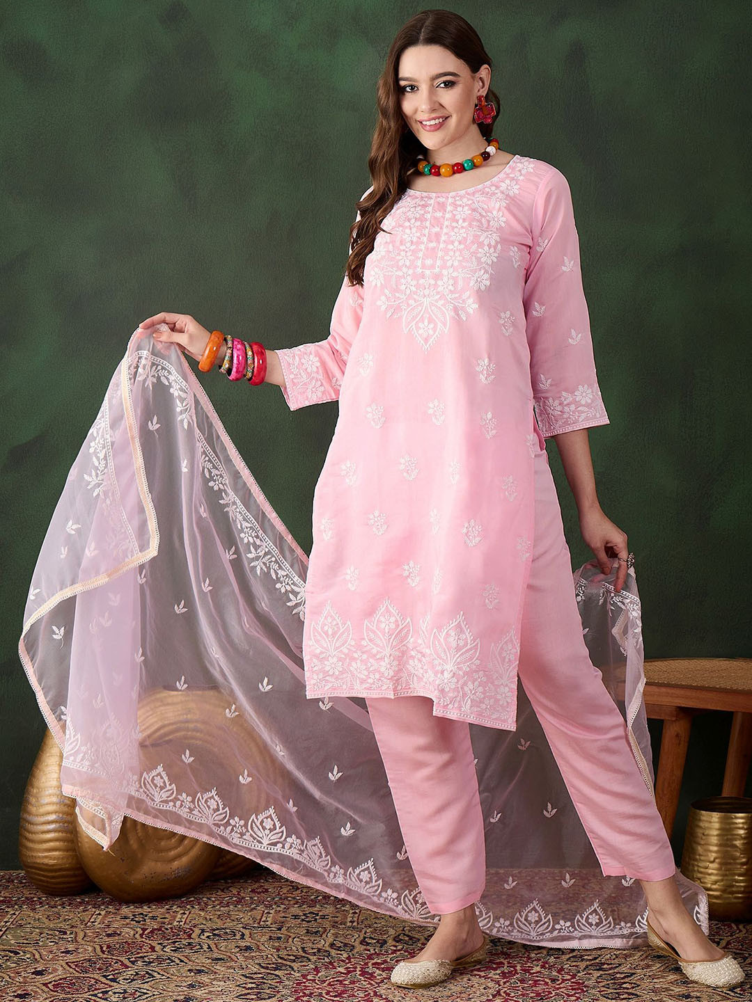 

Maroosh Floral Embroidered Round Neck Straight Kurta With Trousers & Dupatta, Pink