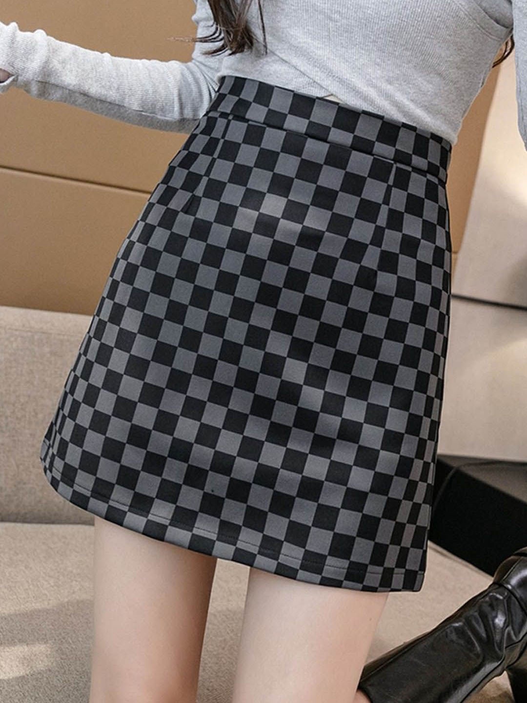 

StyleCast Checked A-Line Above Knee Skirt, Black
