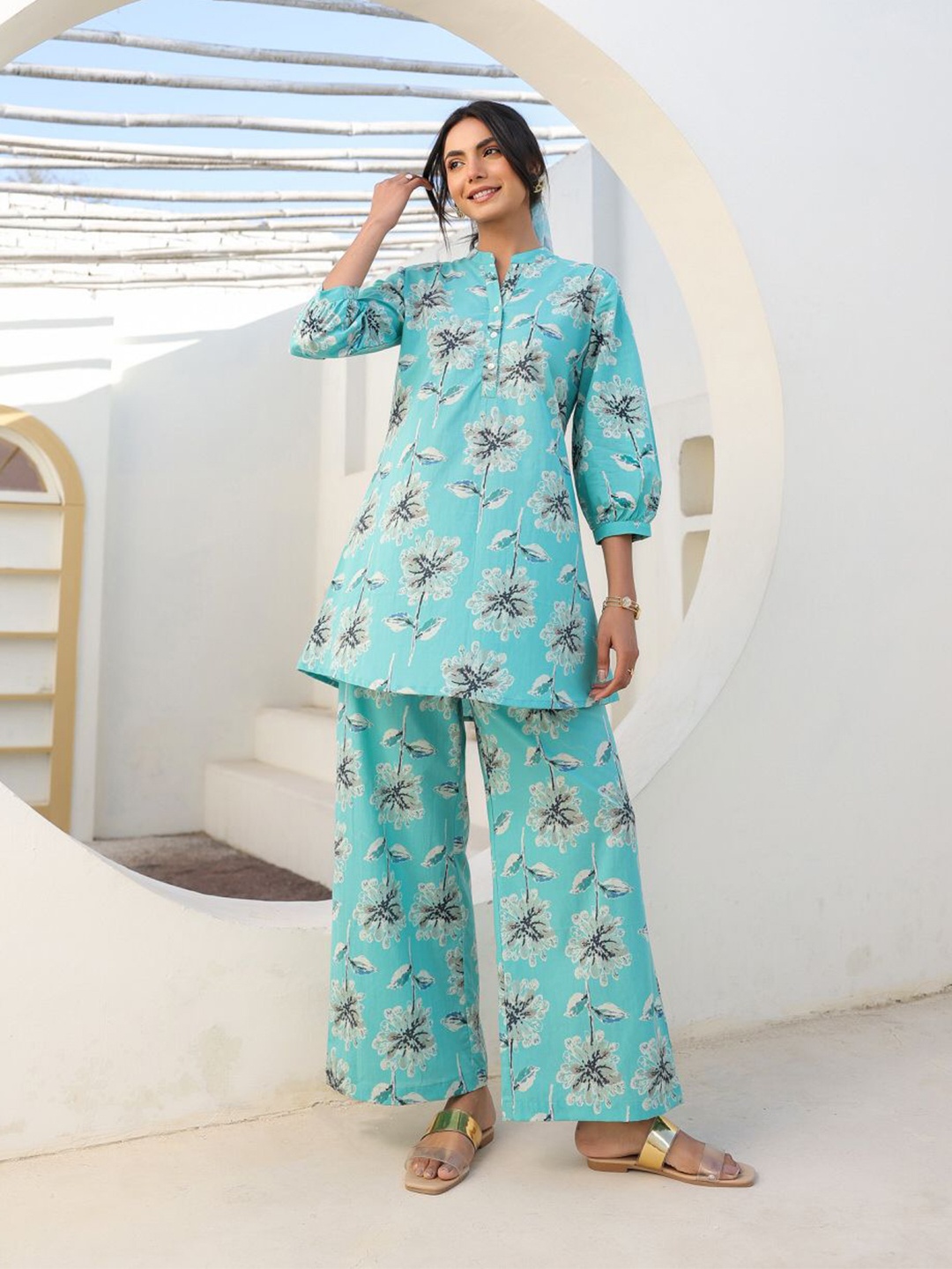 

JISORA Printed Mandarin Collar Pure Cotton Tunic & Trousers Co-ord Set, Blue