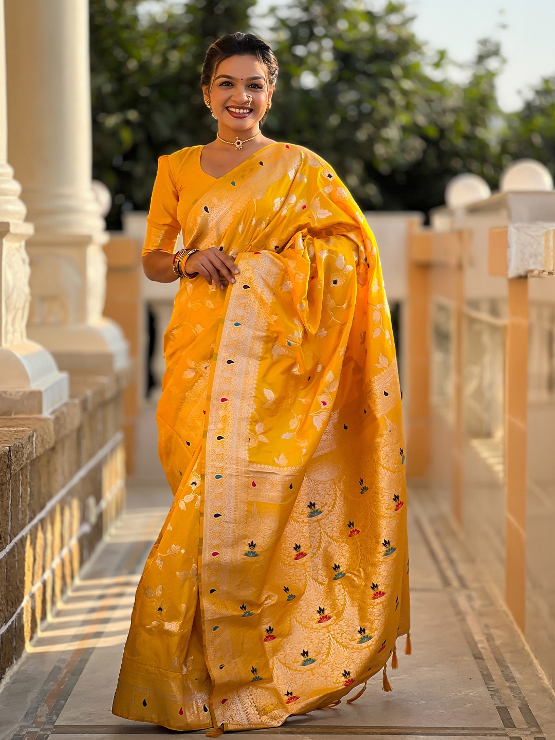 

Ekta Textiles Woven Design Zari Pure Silk Banarasi Saree, Yellow