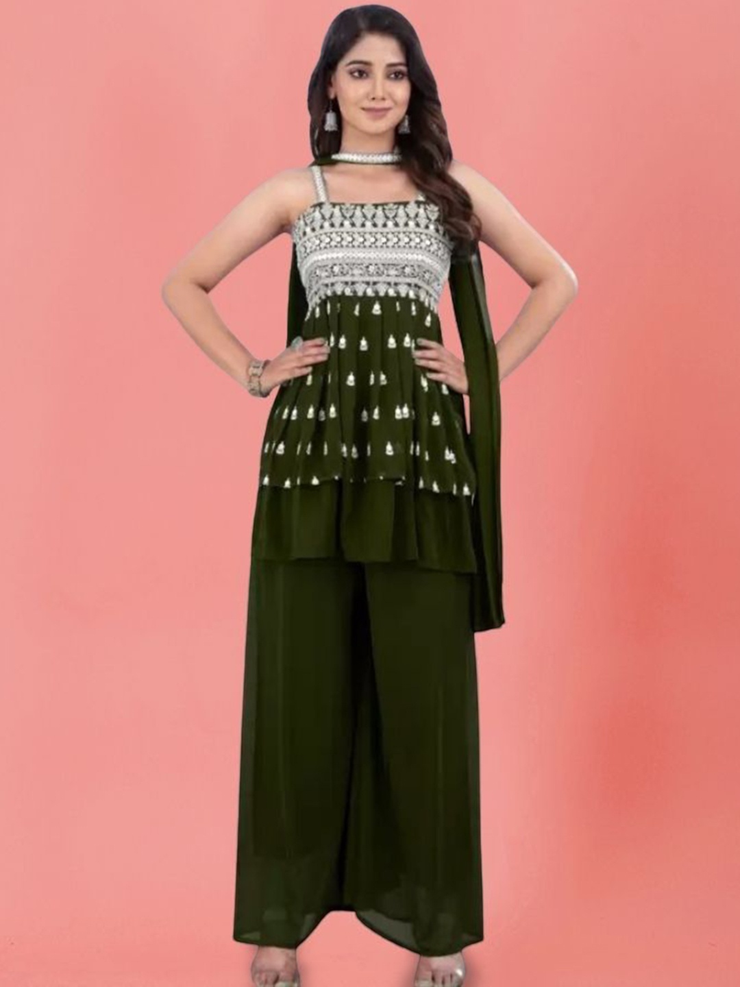 

PARROT CREATION Floral Embroidered Georgette A-Line Kurti With Palazzos And Dupatta, Green