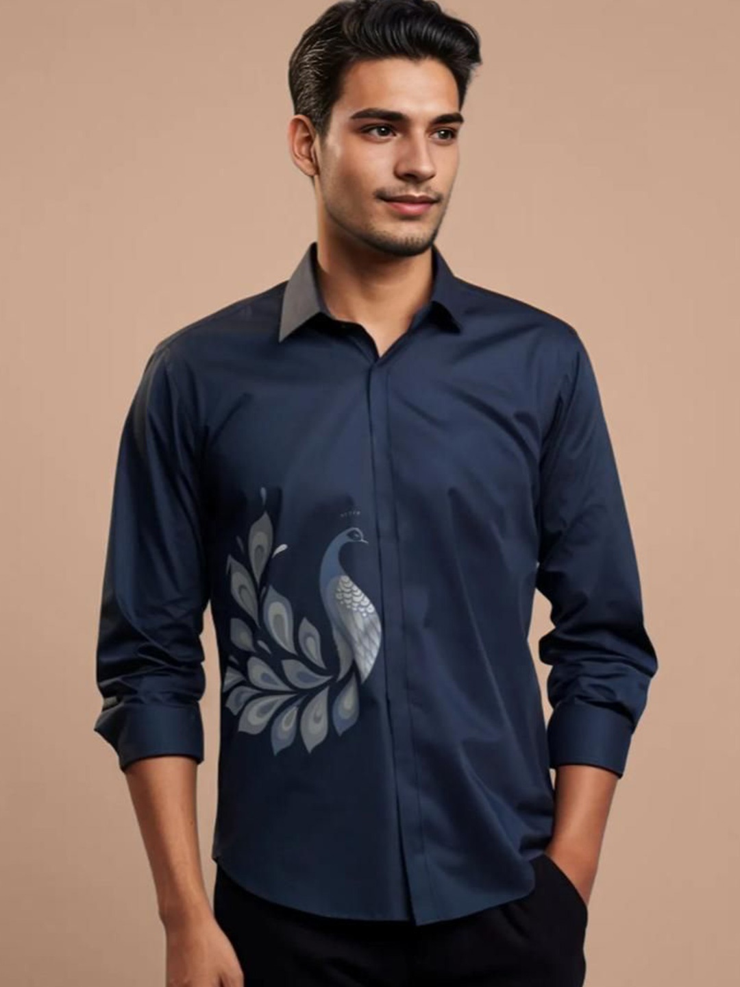 

HE SPOKE Men Smart Tailored Fit Opaque Printed Casual Shirt, Navy blue