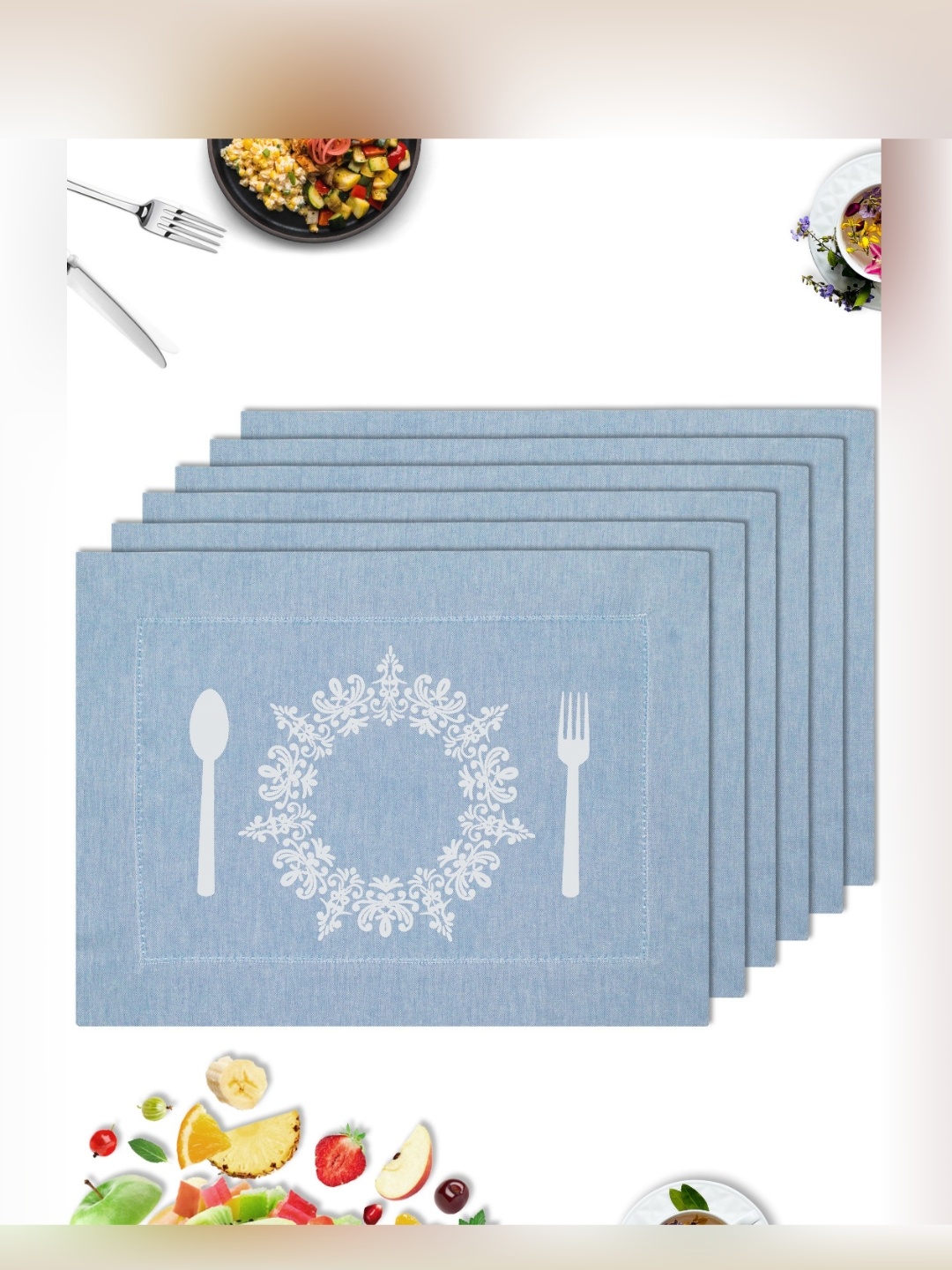 

HOME COLORS.IN Blue & White 6 Pieces Ethnic Motifs Printed Cotton Table Placemats