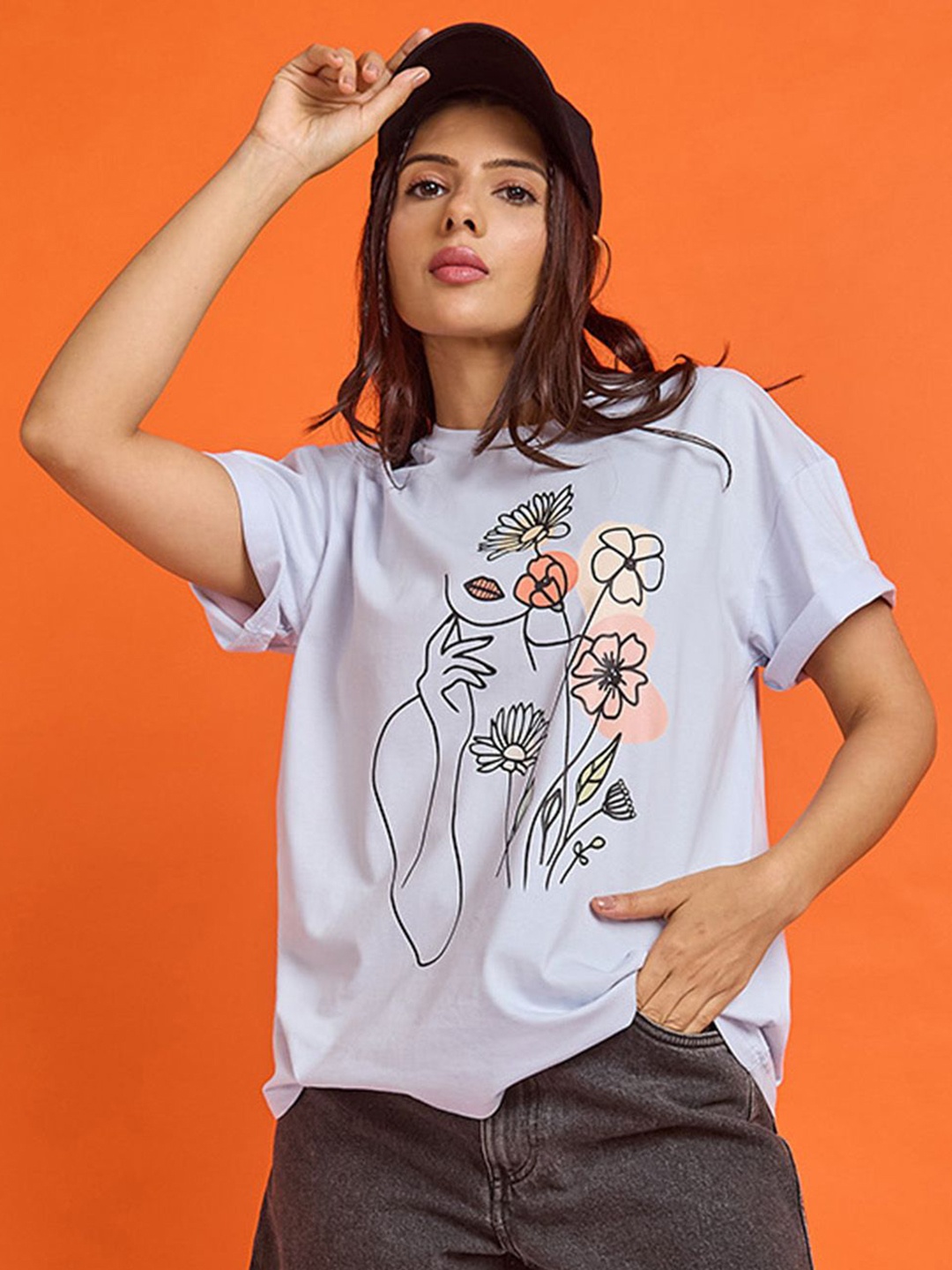 

Mast & Harbour Women Floral Printed Round Neck Cotton Oversized T-shirt, Grey