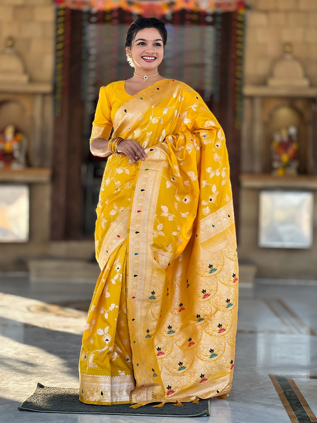

Divyadham Textiles Woven Design Zari Pure Silk Banarasi Saree, Yellow