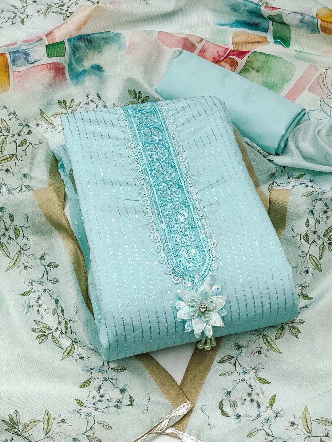 

SAINOOR Embroidered Pure Silk Semi-Stitched Dress Material, Blue