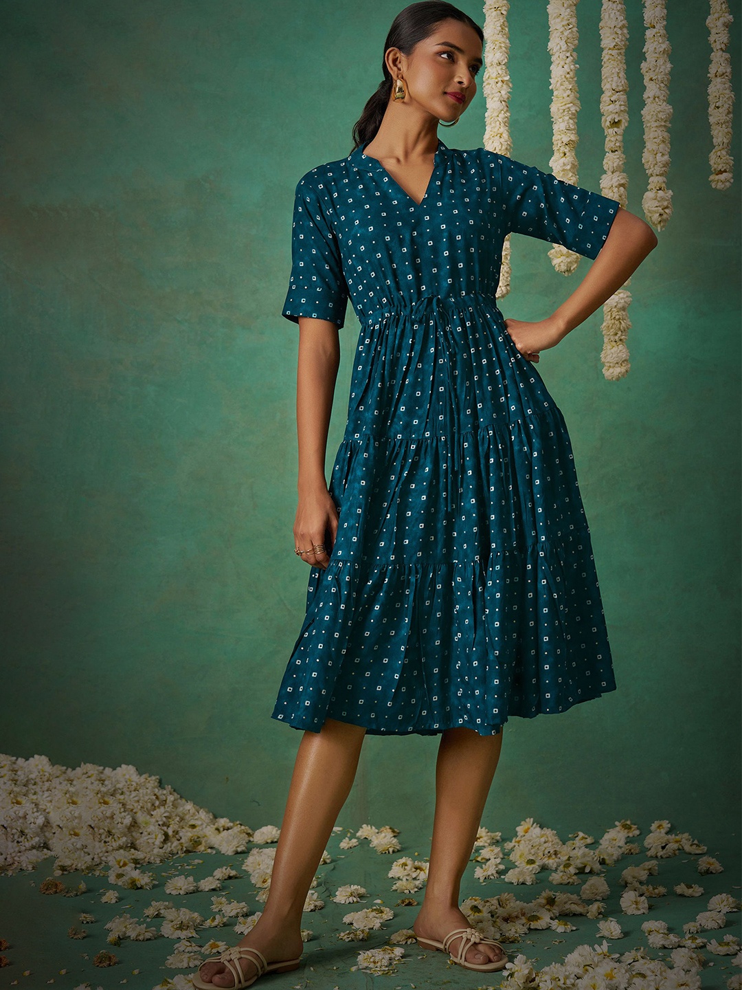 

FLOWERVELLY Women Ethnic Motifs Printed Gathered Tiered Fit & Flare Dress, Teal