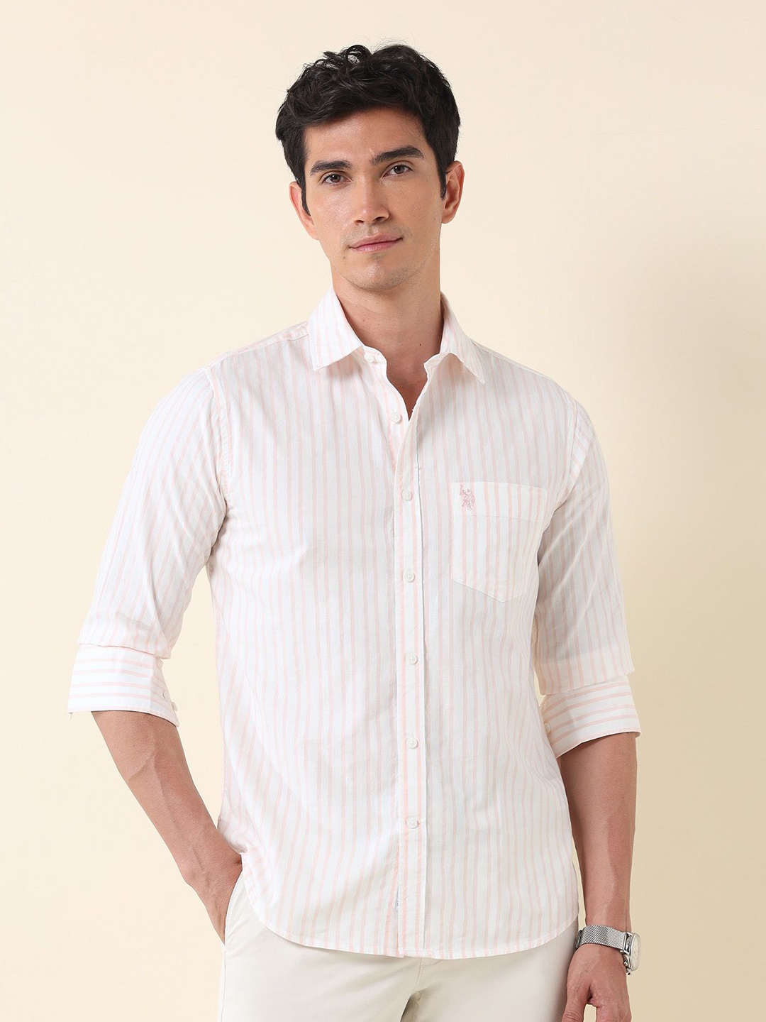 

U.S. Polo Assn. Men Tailored Fit Opaque Striped Casual Shirt, Orange