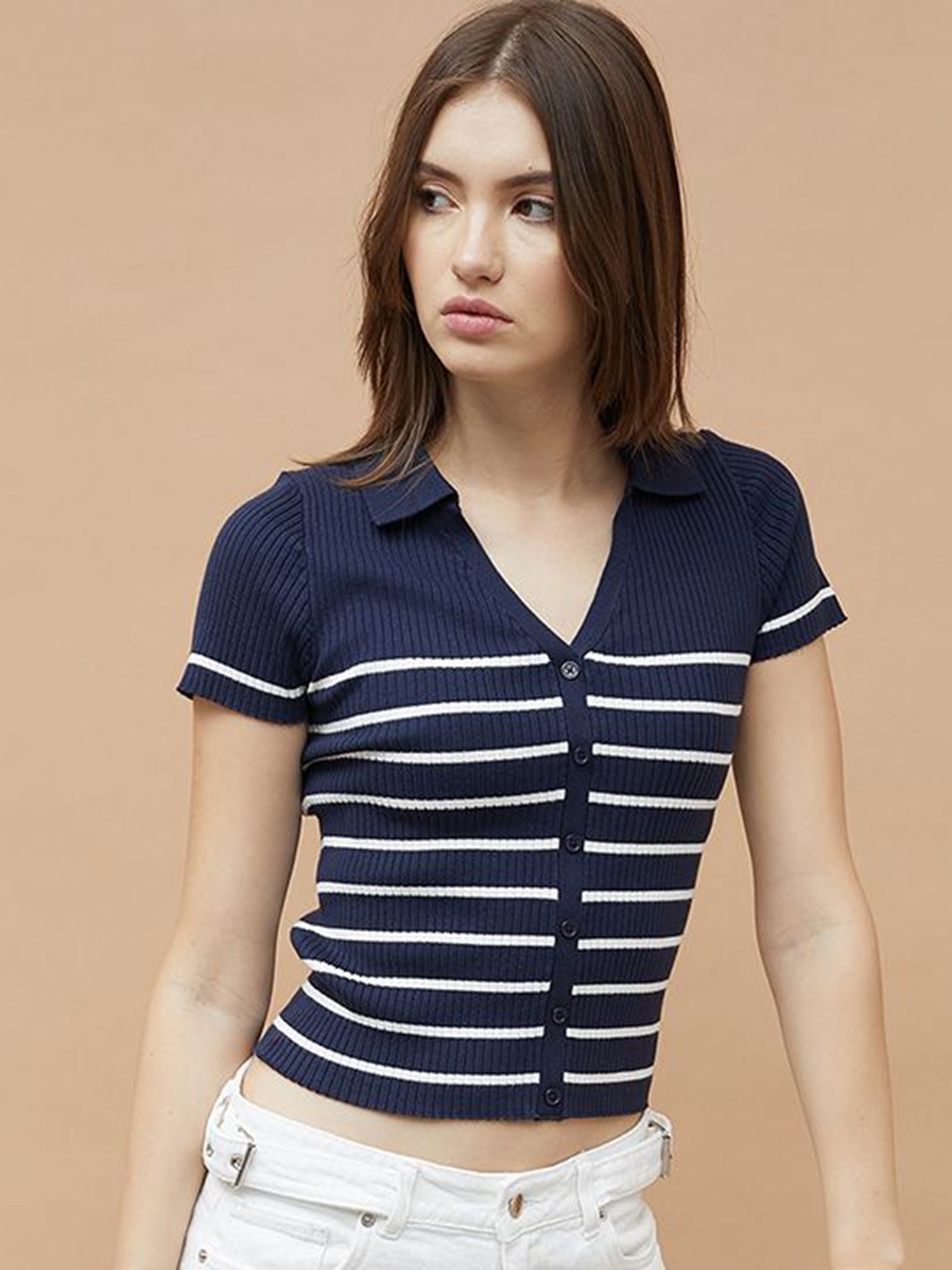 

Ginger by Lifestyle Women Striped Polo Collar Pockets T-shirt, Blue