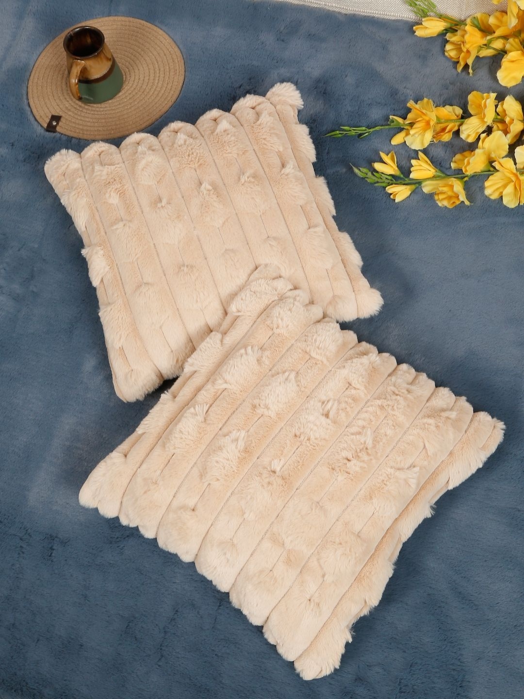 

HOSTA HOMES Peach 2 Pieces Textured Fur Square Cushion