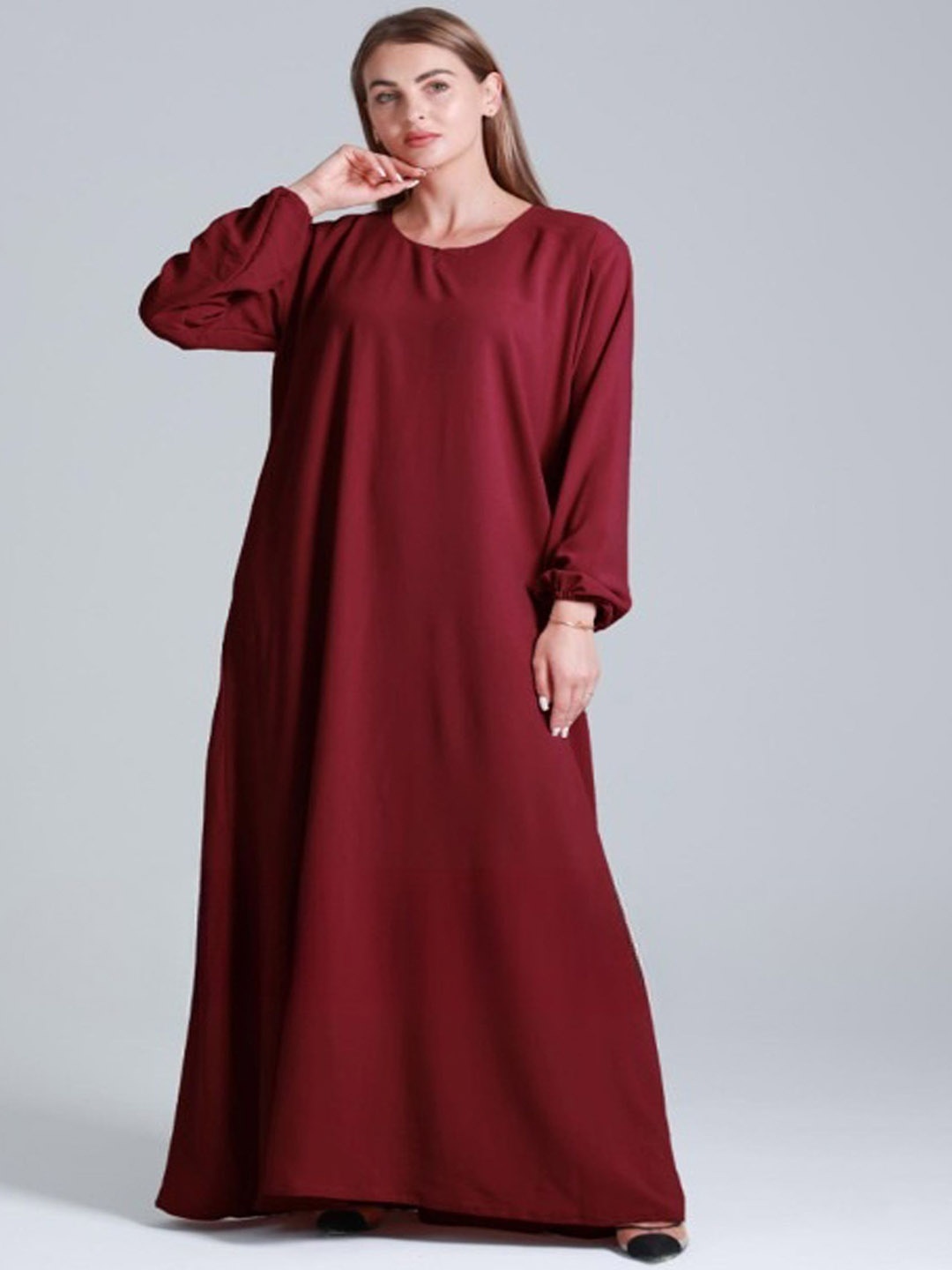 

BROKE BRAND Round Neck Long Sleeves Abaya, Maroon