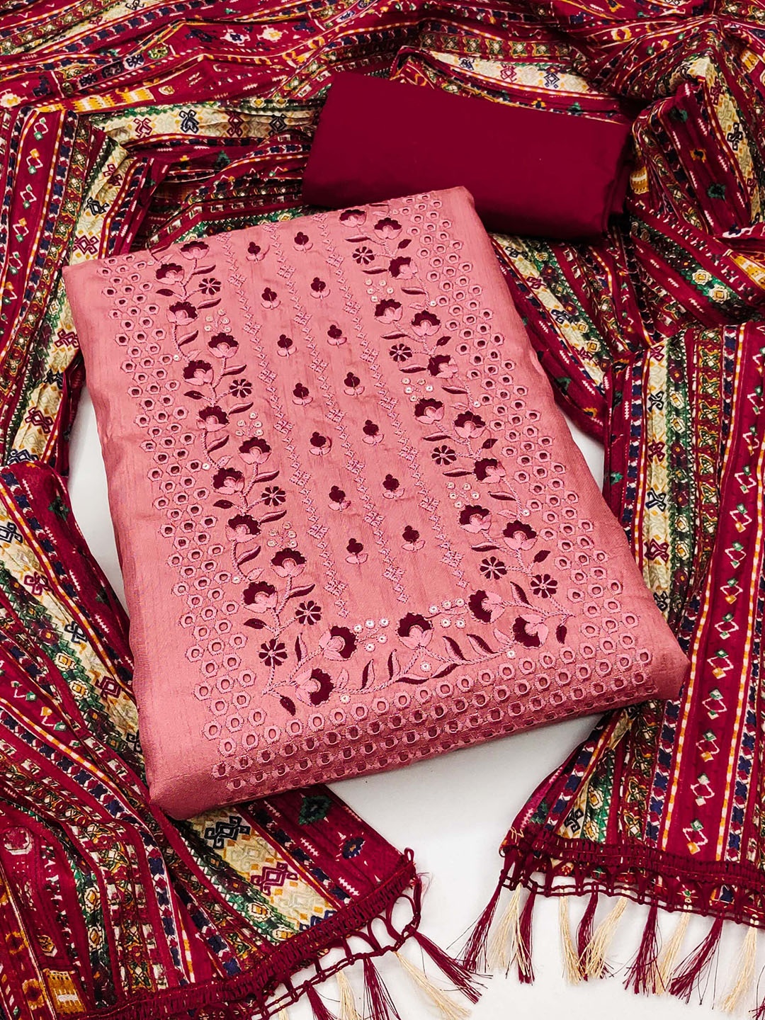 

SAINOOR Floral Embroidered Unstitched Dress Material, Rust