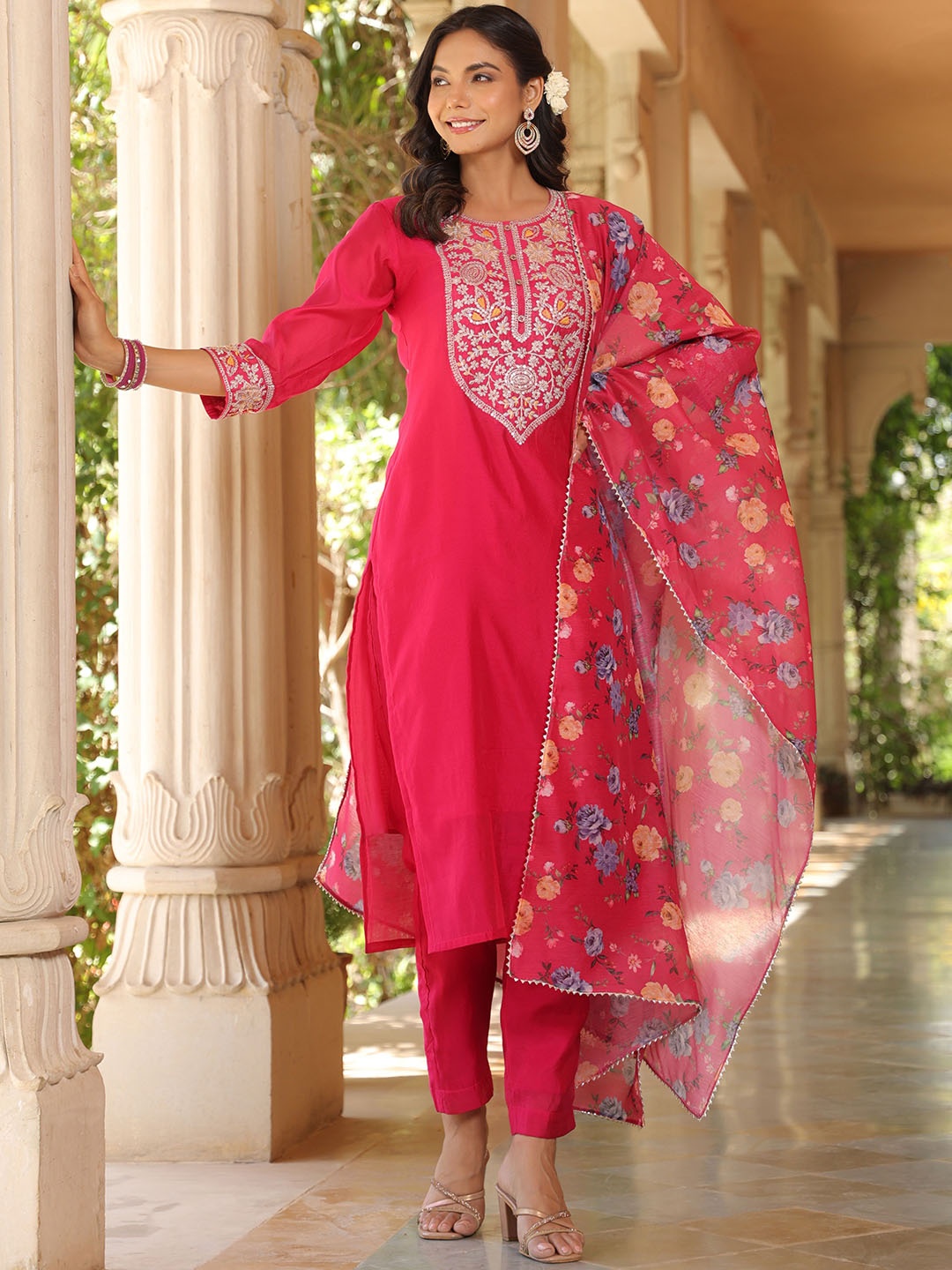 

KALINI Floral Embroidered Zari Work Chanderi Silk Straight Kurta With Trousers & Dupatta, Fuchsia