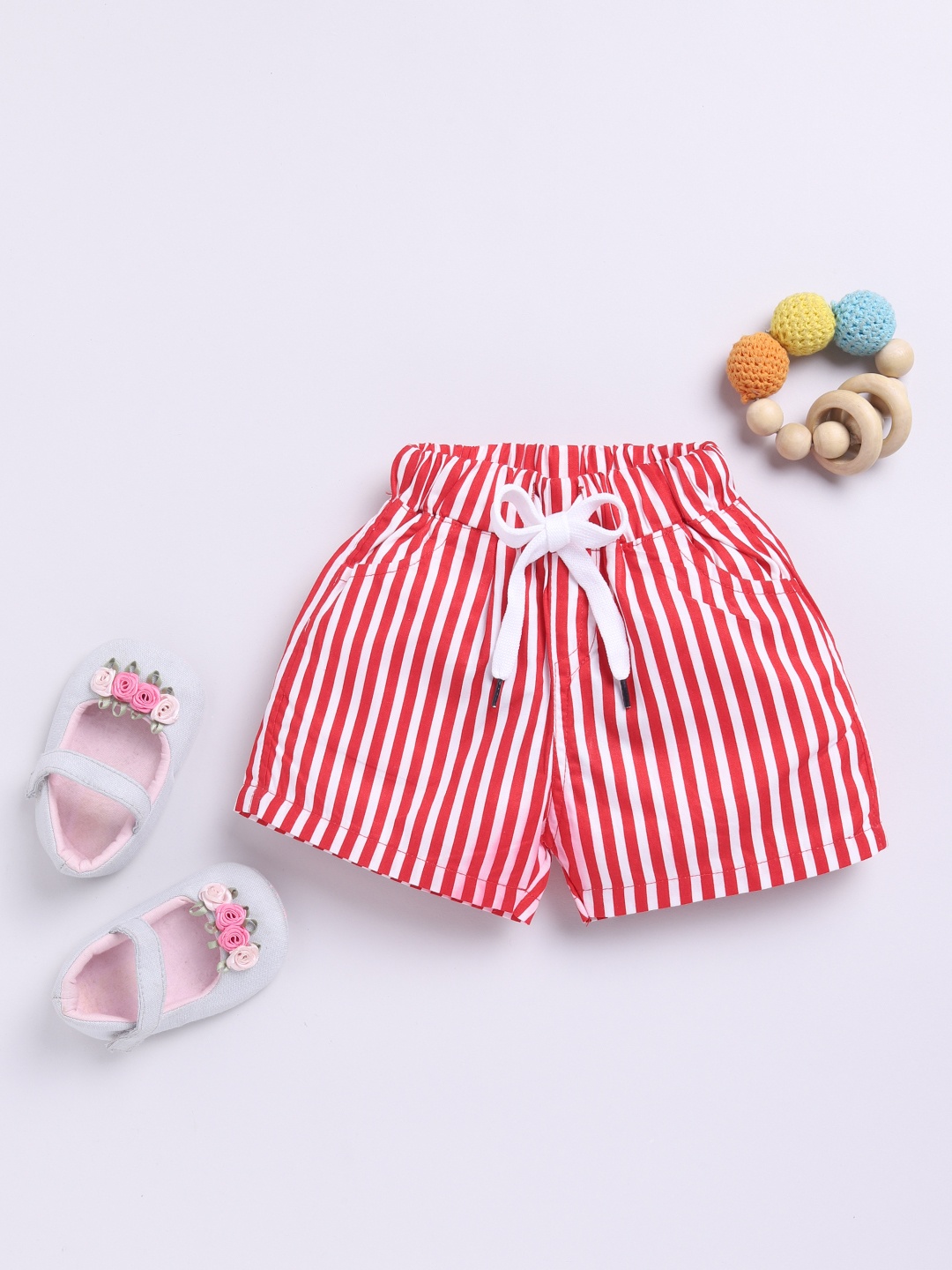 

Here&Now X Denikid Girls Pure Cotton Striped Shorts, Red