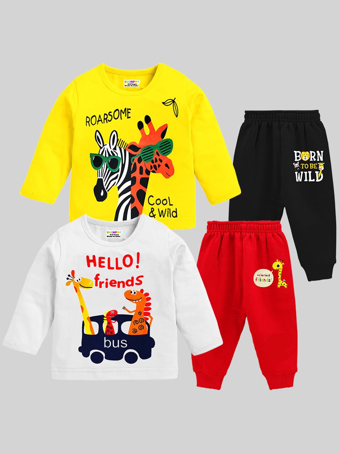 

KUCHIPOO Boys Pack Of 2 Printed Round Neck T-Shirt With Joggers, White