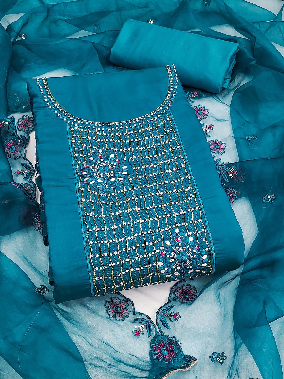

SAINOOR Embroidered Beads And Stones Pure Silk Semi-Stitched Dress Material, Blue