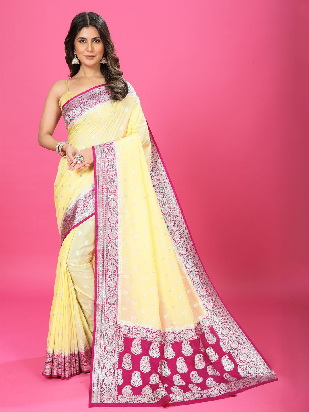 

CRAFTYSTYLES Woven Design Zari Pure Crepe Banarasi Saree, Yellow