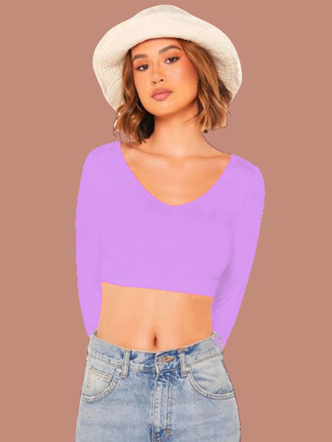 

Dream Beauty Fashion Women V-Neck Long Sleeves Fitted Crop Top, Lavender