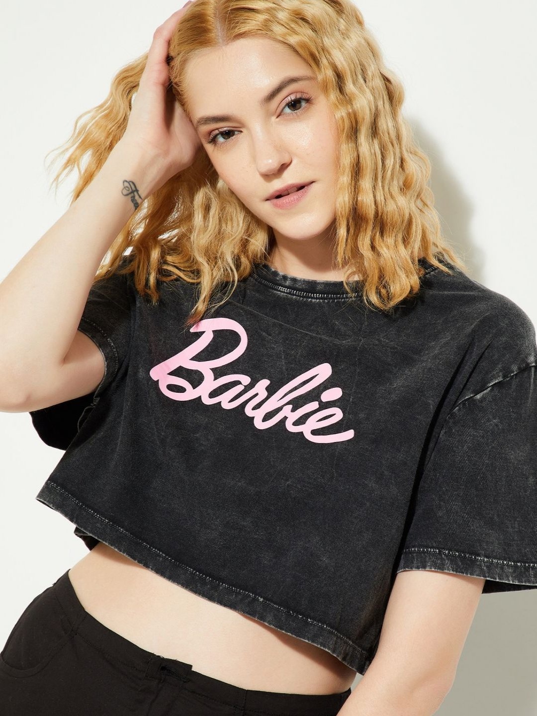 

max Women Barbie Typography Printed Round Neck Cotton Relaxed Fit T-shirt, Black