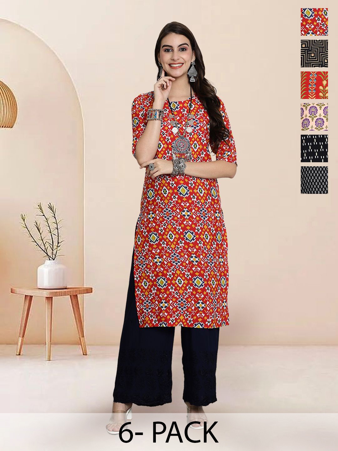 

7Threads Selection Of 6 Ethnic motifs Printed Round Neck Kurtas, Red