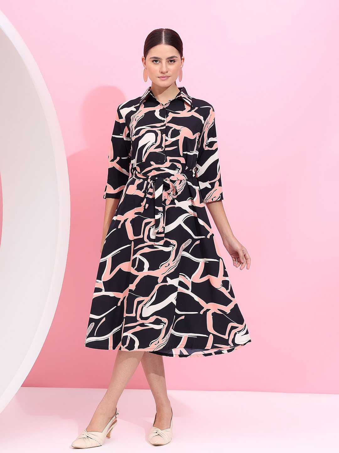 

Fbella Printed Fit & Flare Midi Dress, Black