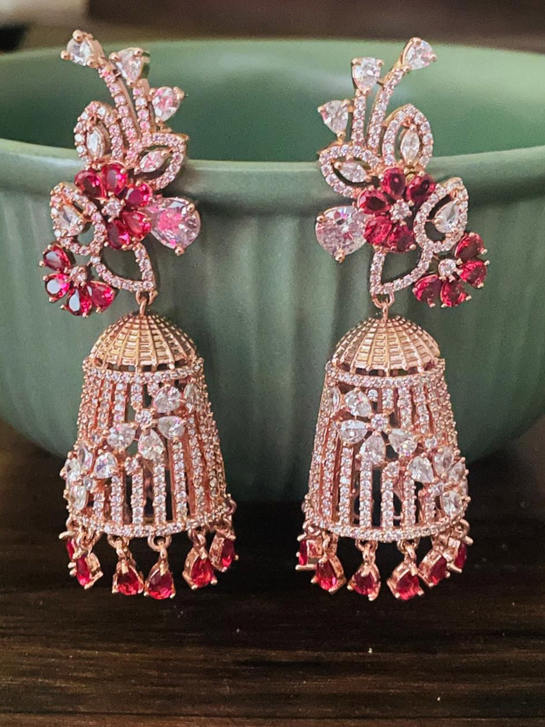 

MONI LIFESTYLE Elegant American Diamond Studded Contemporary Shaped Drop Earrings, Rose gold