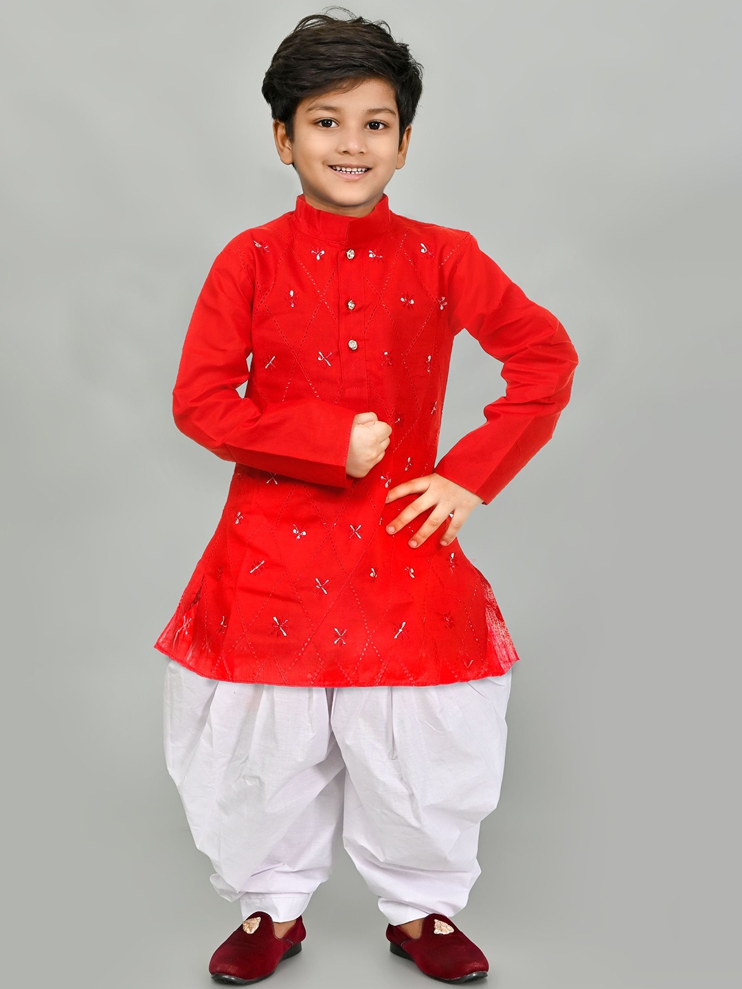 

Cae Boys Geometric Embroidered Kurta With Dhoti Pants, Red