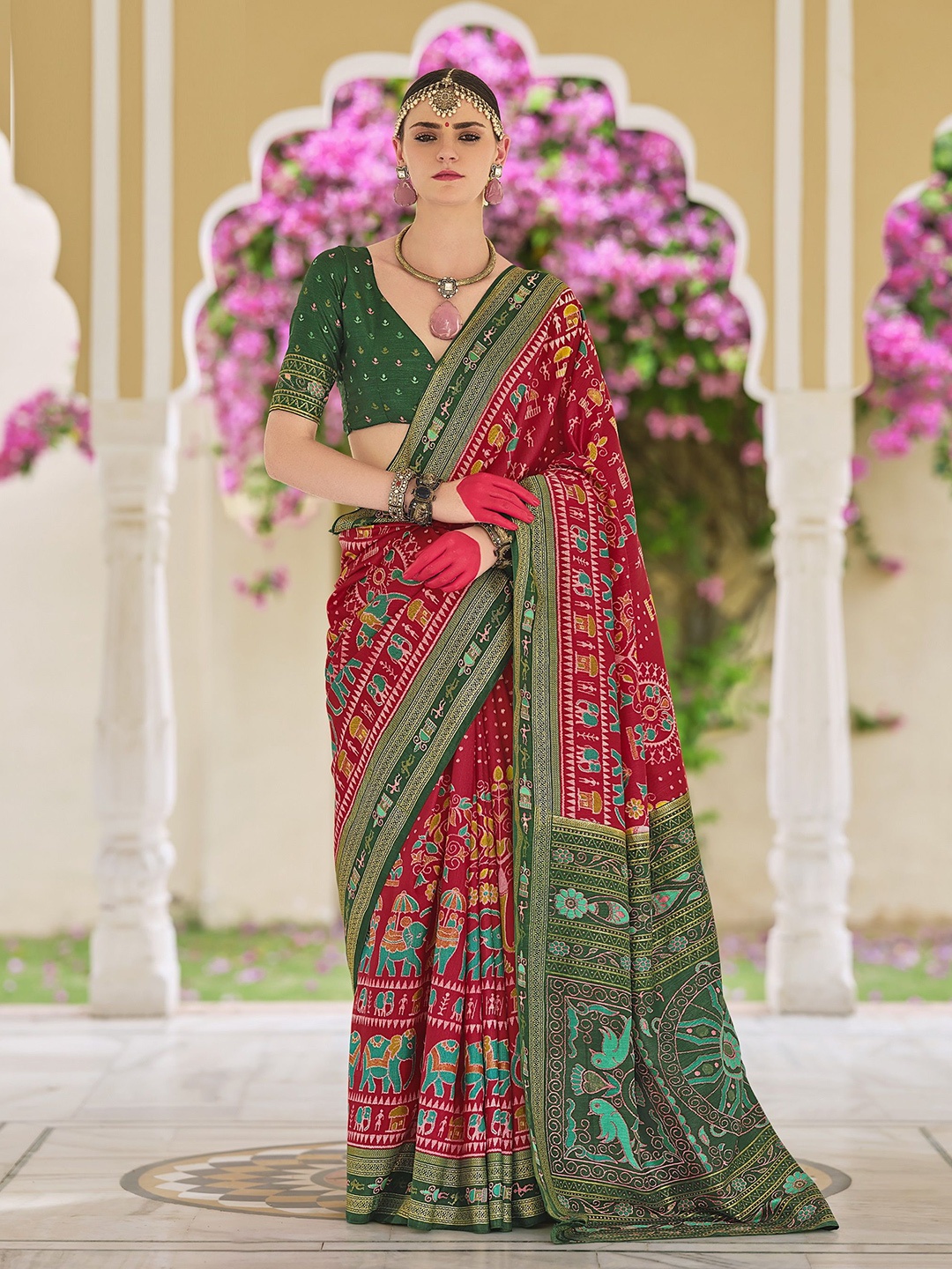 

MAHALASA Ethnic Motifs Woven Design Printed Zari Pure Silk Saree, Red