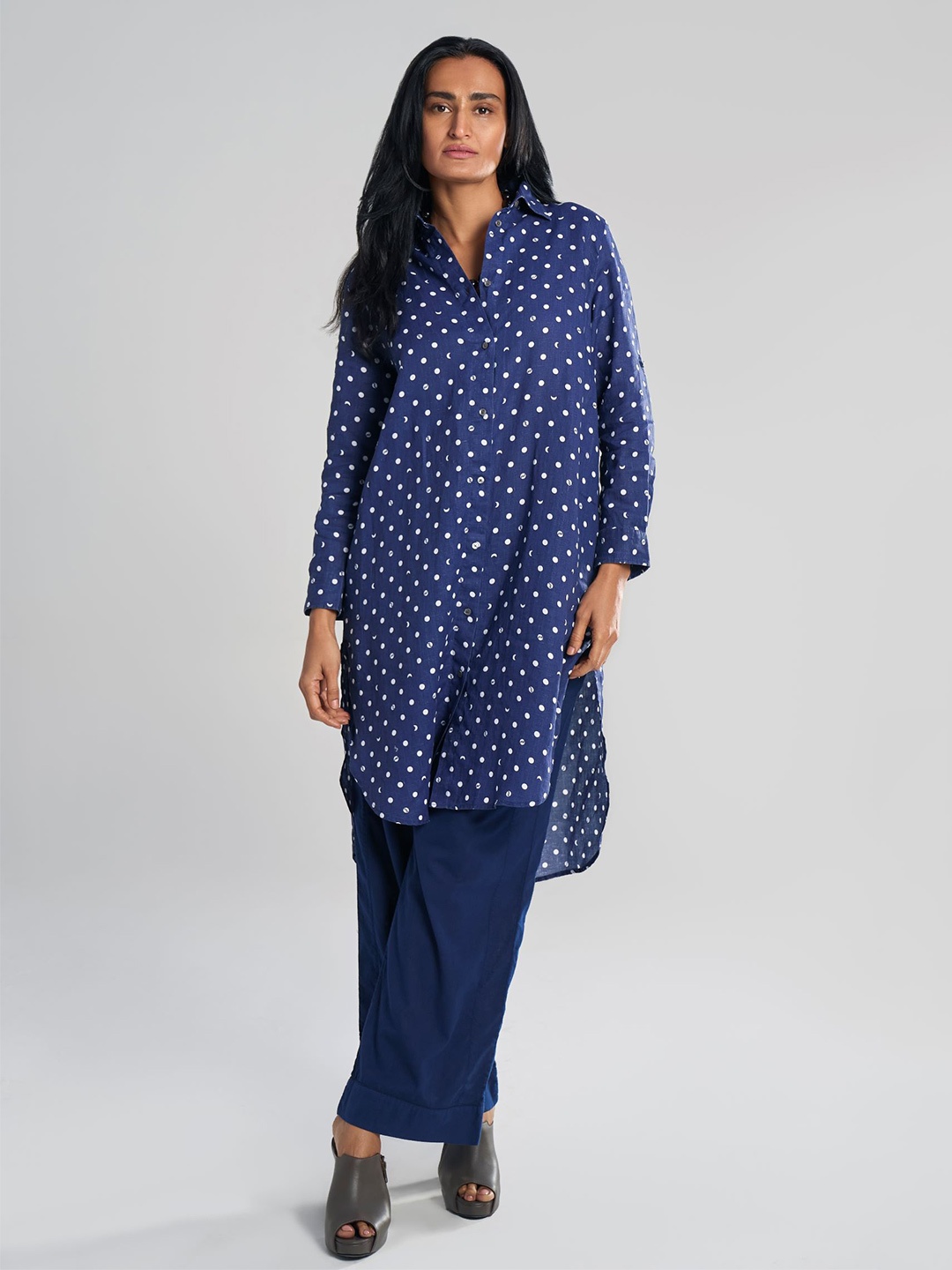

Terra Luna Women Polka Dot Print Cuffed Sleeves Midi Shirt Style Dress, Blue