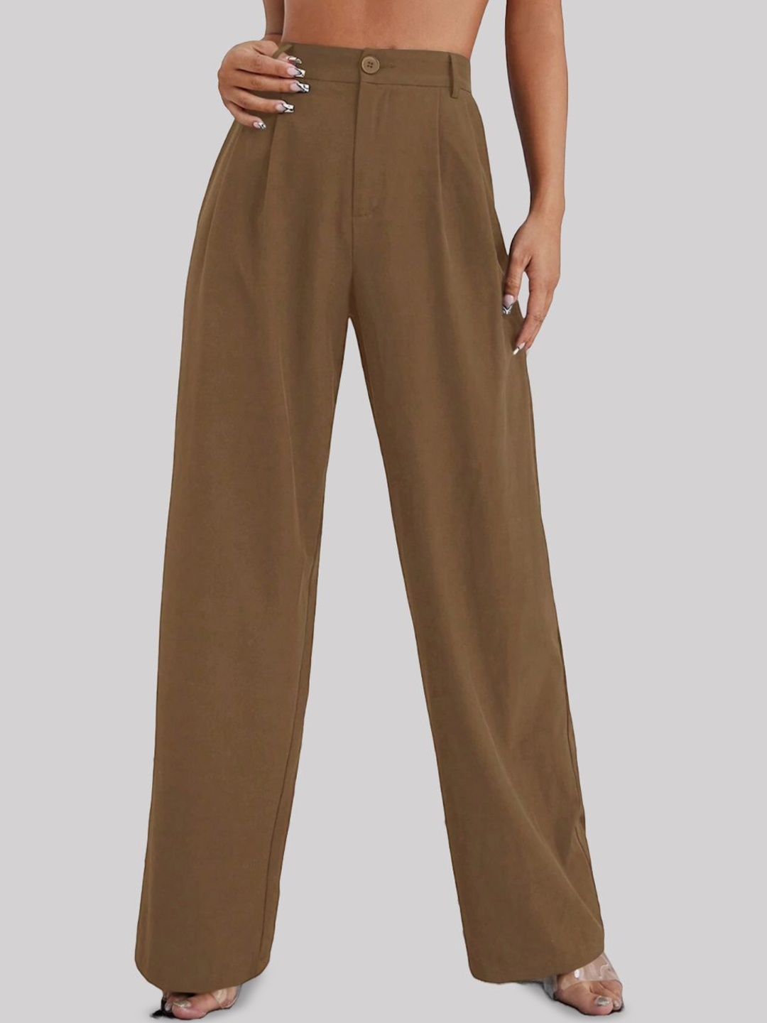

FNOCKS Women Custom Straight Fit High-Rise Pleated Cotton Wide Leg, Brown
