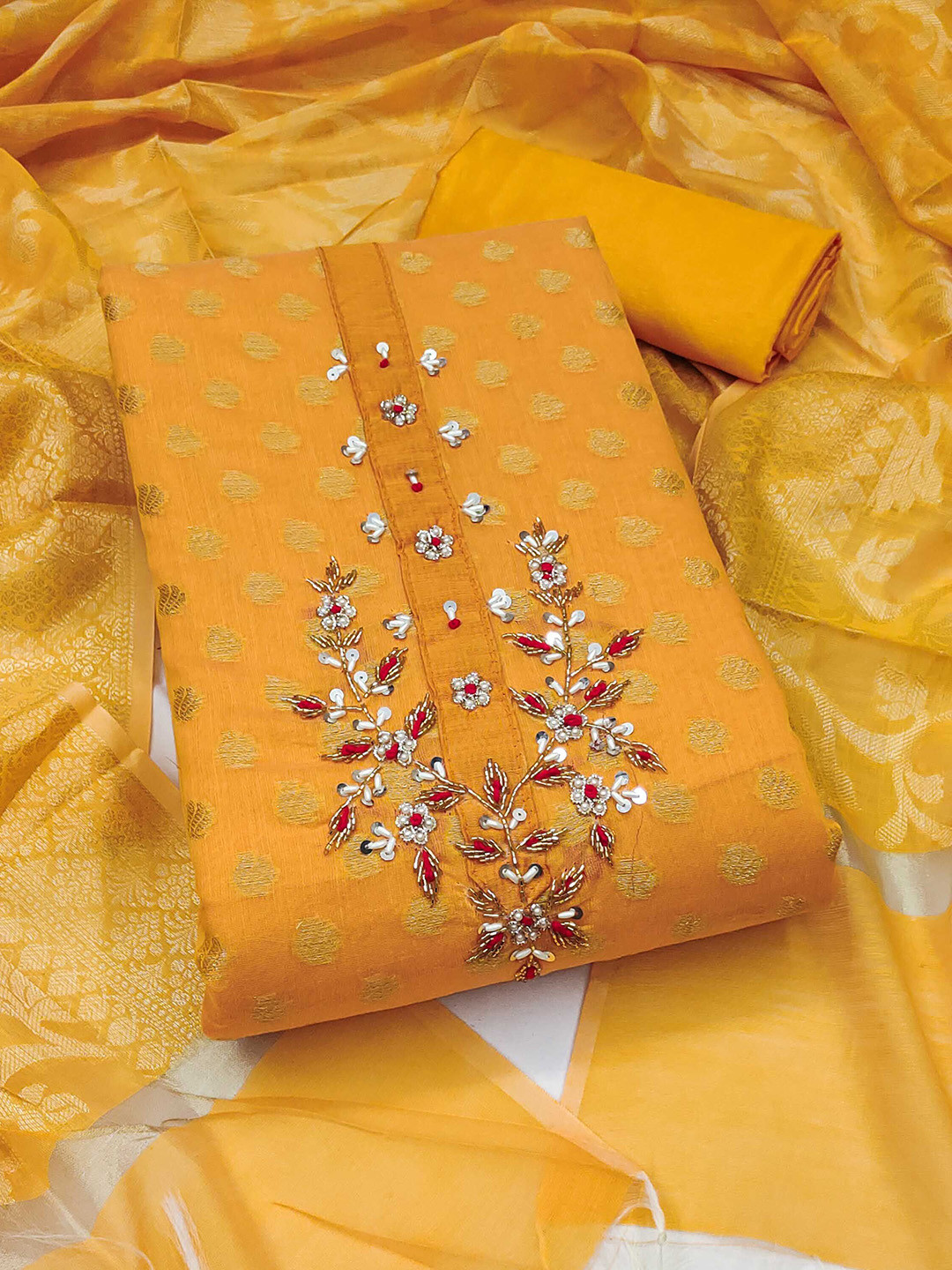 

SAINOOR Floral Woven Design Sequinned Semi-Stitched Banarasi Dress Material, Mustard