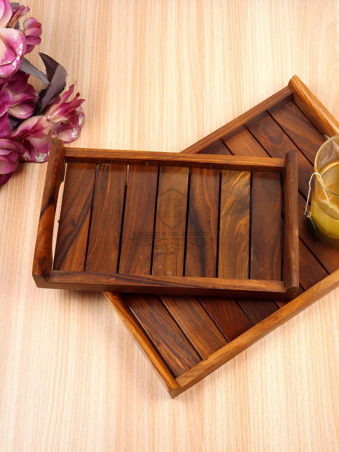 

Creation India Craft Brown 2 Pieces Wooden Serving Trays