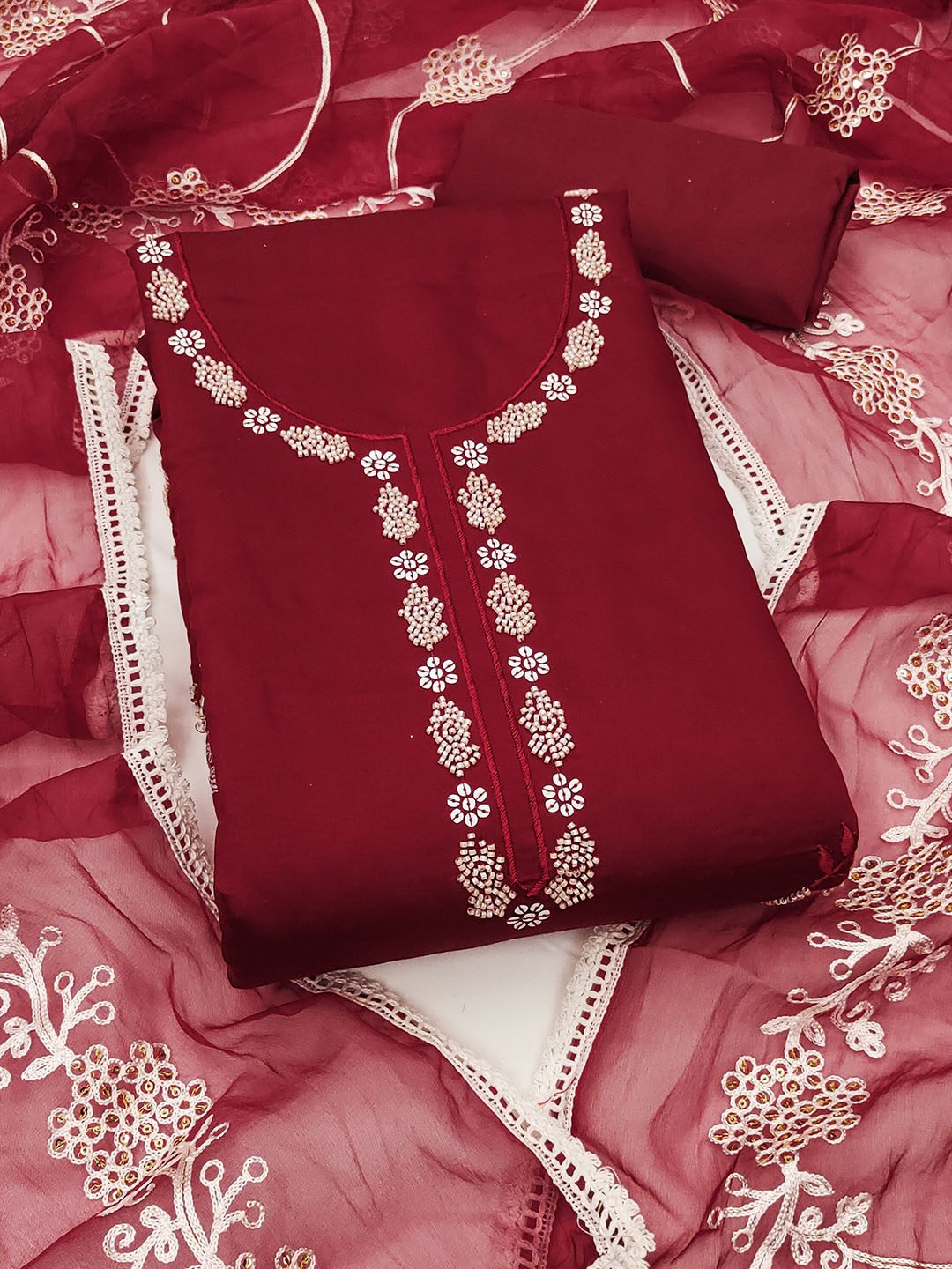 

SAINOOR Floral Embroidered Pure Cotton Semi-Stitched Dress Material, Maroon