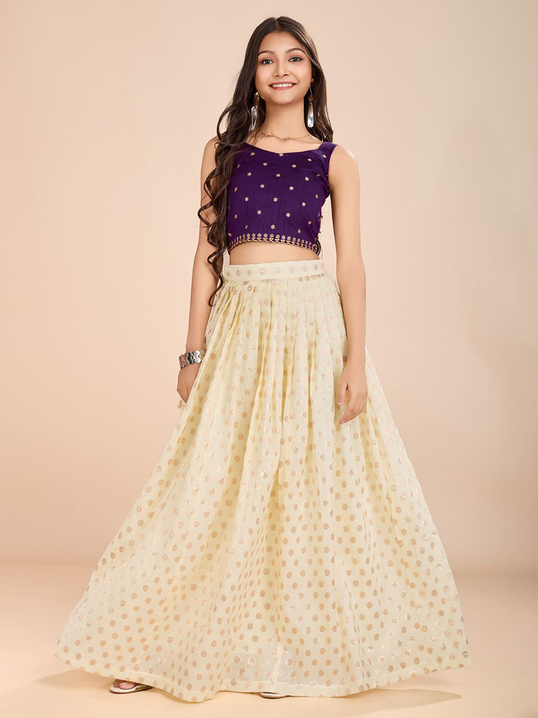 

Tasarika Girls Embroidered Sequinned Ready To Wear Lehenga & Choli, Purple