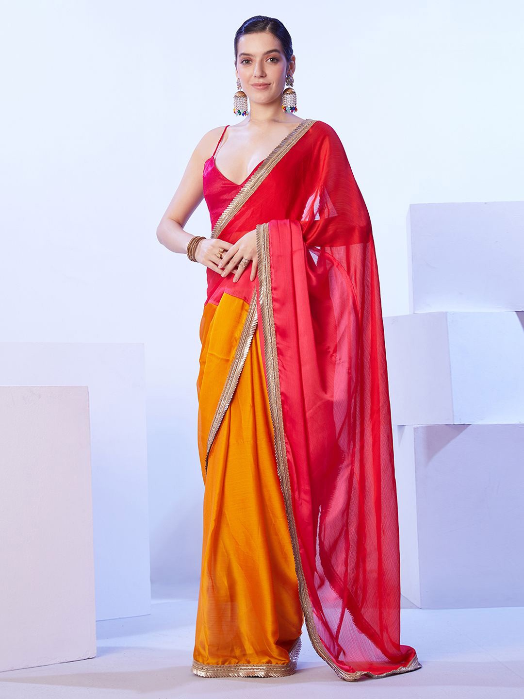 

Mitera Colourblocked Embellished Gotta Patti Saree, Red